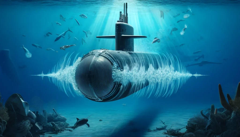 DALL·E-2024-05-17-15.09.22-An-underwater-scene-with-a-strong-focus-on-a-naval-submarine-emitting-sonic-waves-illustrating-underwater-noise-pollution.-The-sonic-waves-are-clearl