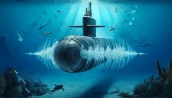 DALL·E-2024-05-17-15.09.22-An-underwater-scene-with-a-strong-focus-on-a-naval-submarine-emitting-sonic-waves-illustrating-underwater-noise-pollution.-The-sonic-waves-are-clearl